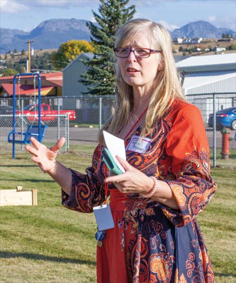 Cherry Valley special education teacher Bonnie Petersen thanks those attending who helped make the new playground a reality.