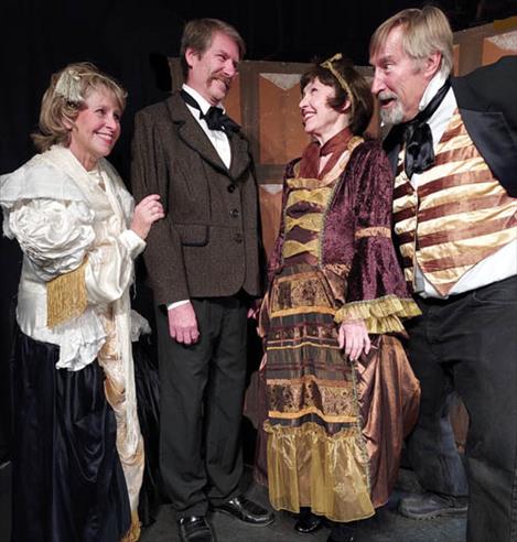 Meagher met his second wife, Elizabeth, at a soiree in New York, eighteen months after his first wife died. His fellow conspirator, John Mitchel, escaped Van Diemen’s land shortly after Meagher and, with his wife and family, joined Thomas there. Pictured from left are Marty Mazurek (as Jenny Mitchell), Mike Gillpatrick (as Thomas Francis Meagher), Ann Peacock (as Libby Meagher), and John Glueckert as John Mitchell.