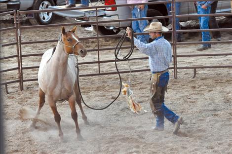 Joshua Senecal starts toward a horse with a hanging object to train it.