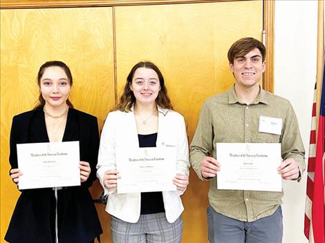 DAR Good Citizens winners (from left) are: 1st place Aaliya Decker of Ronan High School, 2nd place Vanessa Horner of Noxon High School, and 3rd place Ben Croft of Thompson Falls High School.