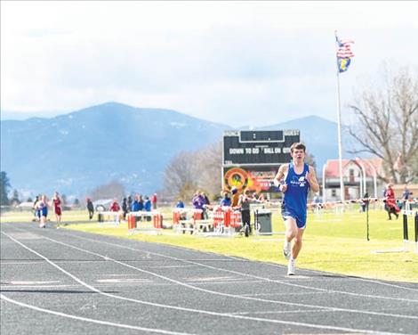 Mission Bulldog Zoran LaFrombois out paces the pack, winning the 3200 with a time of 10:49.00 during the Frenchtown Invitational hosted at the Lyle Bagnell Stadium in Frenchtown on Saturday.