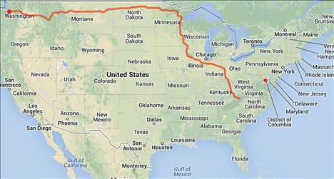 The red line shows how far Sgt. Chuck Lewis has walked since he left Everett, Washington on Easter Sunday. Lewis has about a month more of walking before he reaches Washington, D.C., and hopes to raise $18,000 more for veterans programs. 