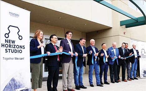 From left to right: Stephanie Gray, Dean of Gallatin College; Abraham Kim, Executive Director of the Council of Korean Americans; Todd O’Hair, President and CEO of the Montana Chamber of Commerce; John Robb, CEO of Hyundai America Technical Center, Inc.; Gov. Greg Gianforte; John Suh, Founding Director of New Horizons Studio, Hyundai Motor Group; Scott Osterman, Director of the Department of Commerce; Jason Carter, VP of Economic Development Montana State University