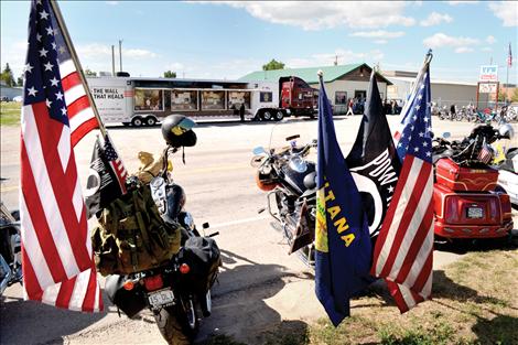 Motorcycles line Round Butte Road by the Ronan VFW.