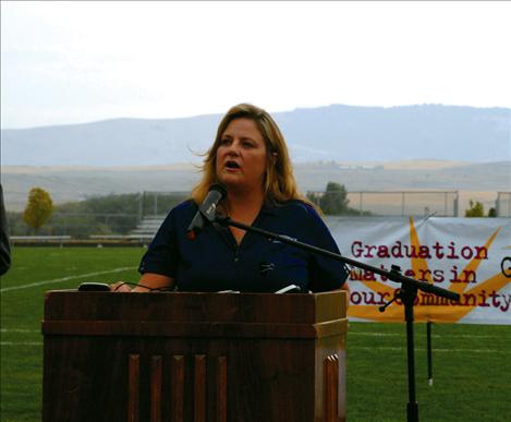Dr. Kelly Bagnell speaks to Polson students. She describes herself as a “fierce supporter of education.”