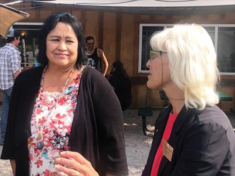 During last week’s campaign visit to Polson, Montana Supreme Court Justice Ingrid Gustafson visits with CSKT Tribal Councilwoman Carole Lankford. 