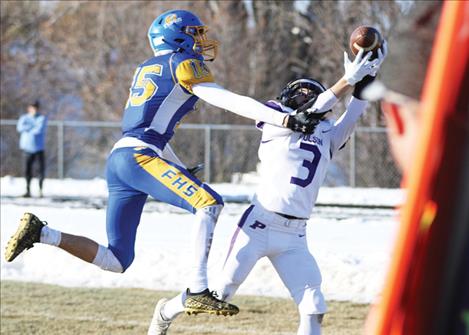 Sherry hauls in a touchdown pass in the corner of the endzone against Fergus County High School in Lewistown Saturday  afternoon.