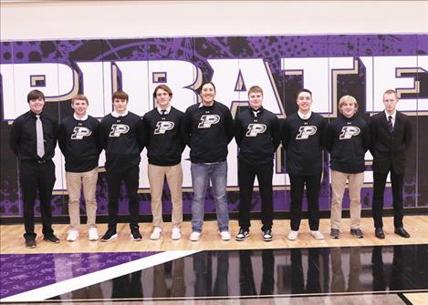 The following Polson senior basketball team members were recognized during a Jan. 26 game against Columbia Falls: Chris Lake mgr., Trent Wilson, Jarrett Wilson, Owen McElwee, Cymian Kauley, Dawson Dumont, Tyler Wenderoth, Colter Wilson and mgr. David Bjorge.