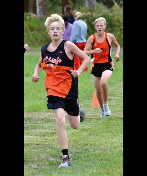 Chiefs’ freshman Jackson Duffey was the first boys’ Ronan runner to cross the line in Wednesday’s Frenchtown meet.